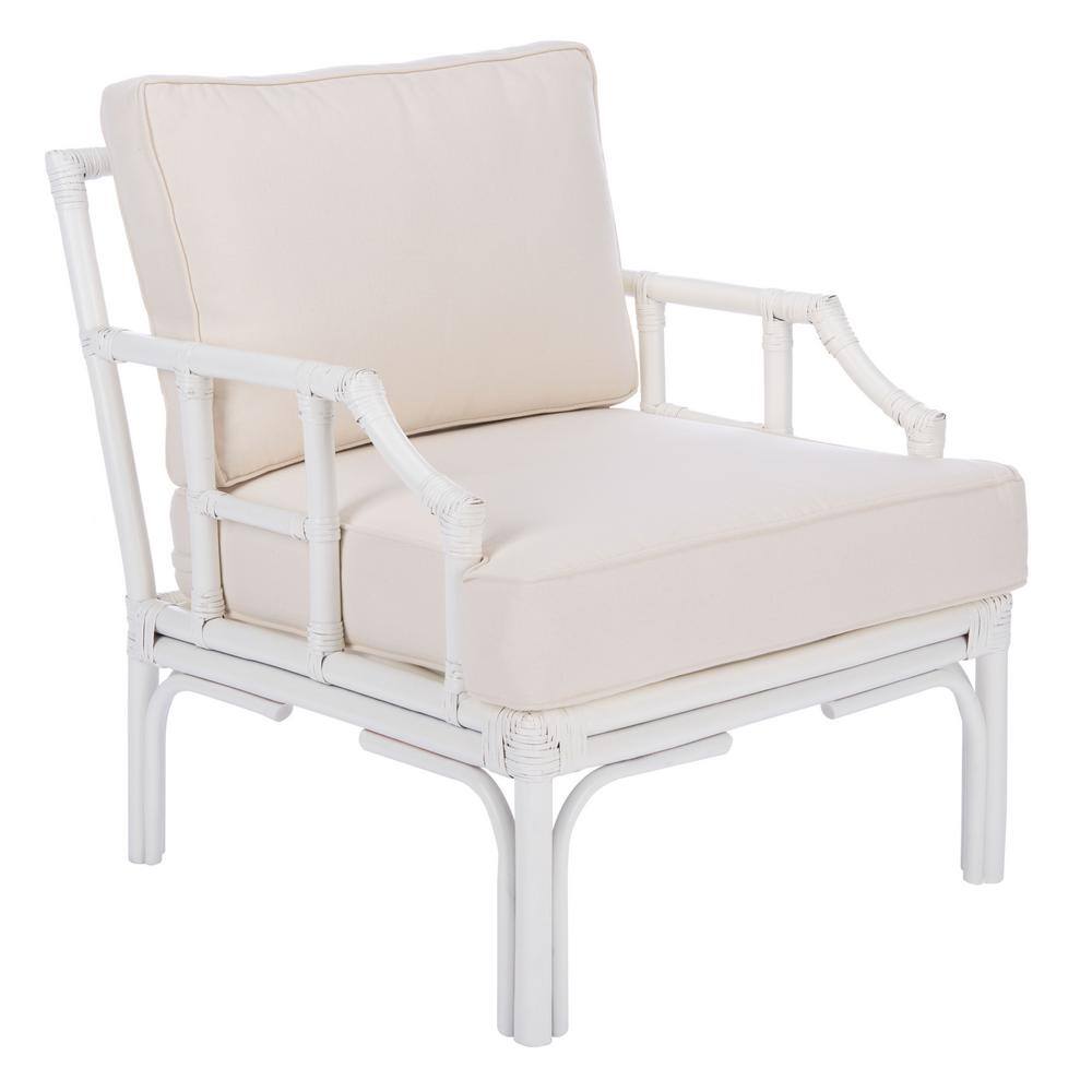 Chinoiserie-Chic White Rattan Accent Chair with Plush Cushion