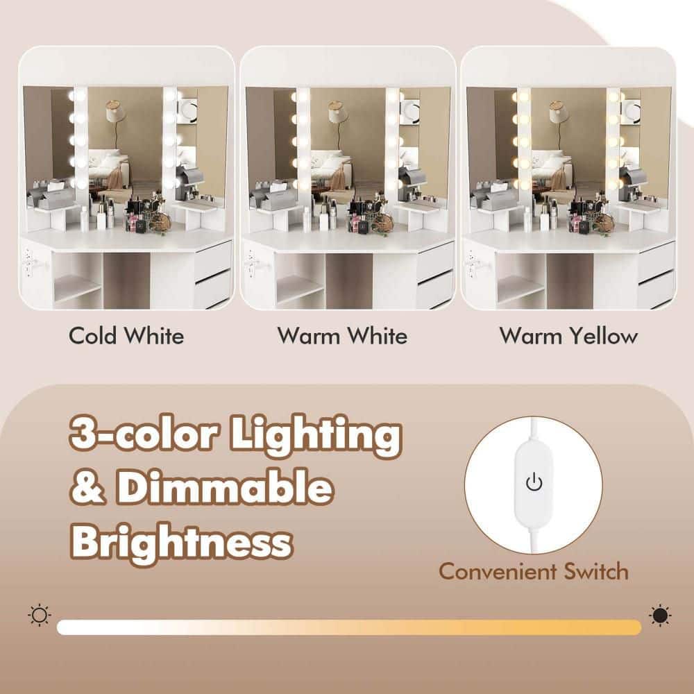 1-Piece White Corner Makeup Vanity Desk Cosmetic Vanity Station with LED Mirror and Power Outlets - thumbnail 7