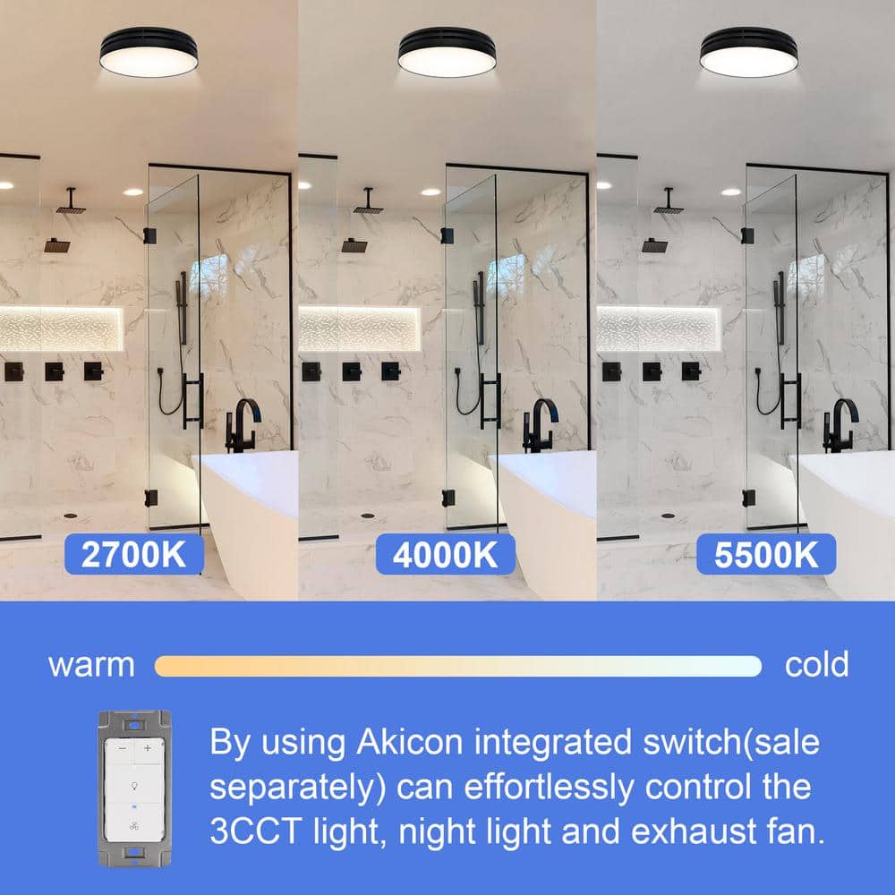 Matte Black Round Bathroom Exhaust Fan with Dimmable LED Light