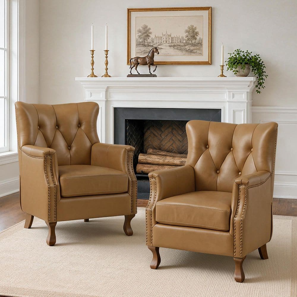 Redi Sand Color Genuine Leather Accent Chair Modern Wingback Chair with Solid Wood Tapered Legs (Set of 2) price history on PriceWatchPro