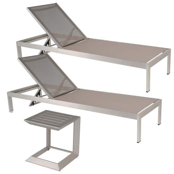Unbranded Set of 3 All Aluminum Outdoor Lounge Lounge and Coffee Table 5 Adjustable Backrest Height for Pool Patio Silver