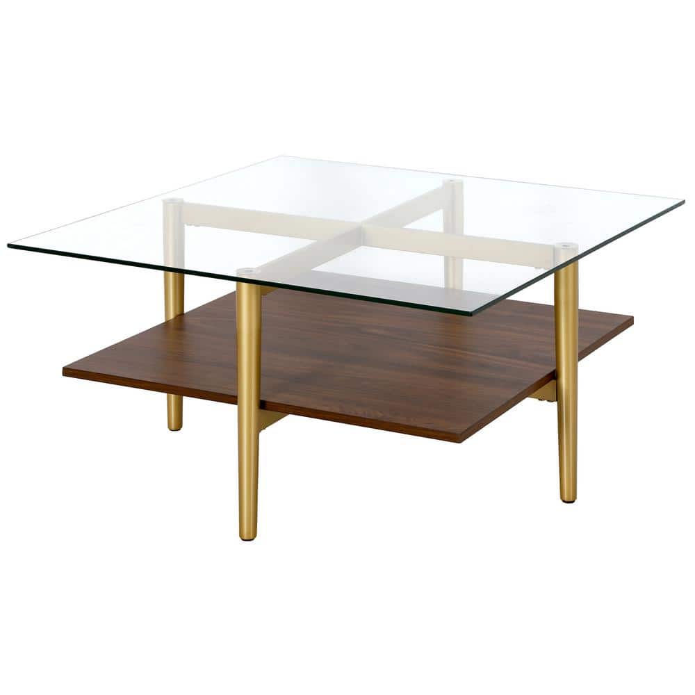Mid-Century Modern Brass & Walnut Coffee Table with Glass Top