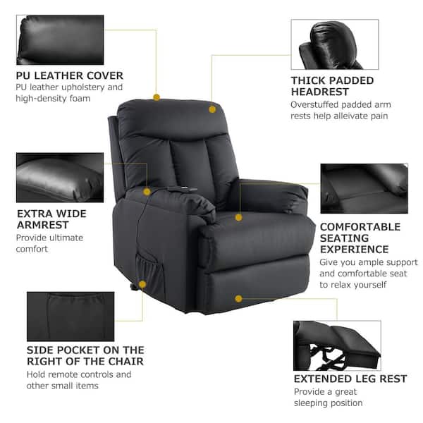 Black Power Lift Pu Leather Heavy Duty, Extra Wide Black Leather Recliner