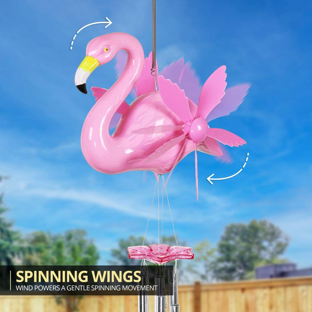 Large Pink Flamingo Wind Chime with Spinning Wings