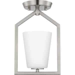 Vertex Collection 7.37 in. One-Light Brushed Nickel Etched White Contemporary Semi-Flush Mount