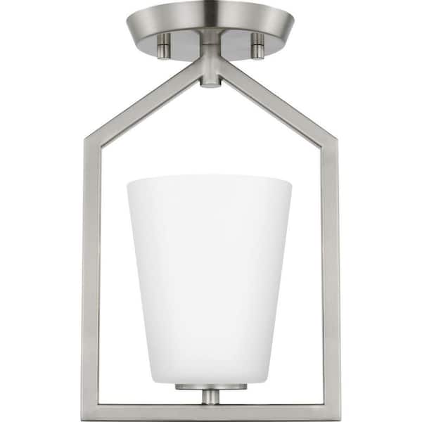 Progress Lighting Vertex Collection 7.37 in. One-Light Brushed Nickel Etched White Contemporary Semi-Flush Mount