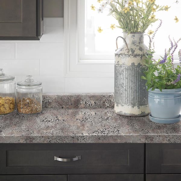 10 ft. Left Miter Laminate Countertop in Textured Praline Antico with Waterfall Edge and Integrated Backsplash