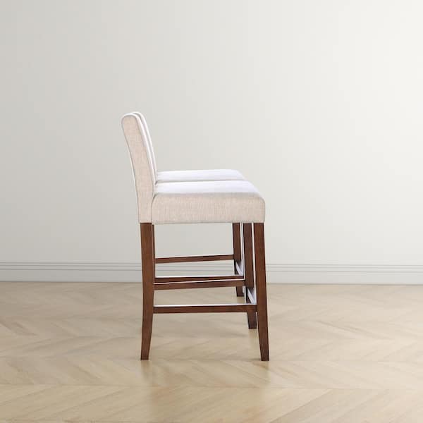 Devonte 25.6 in. Beige High Back Solid Wood Counter Stool with Fabric Seat Set of 2