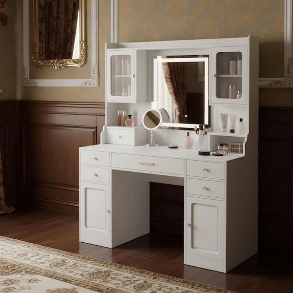 Homy Casa DPCH 6-Drawers Snow White Makeup Vanity Table Dressing Table with  Extra Large Mirror Storage Cabinets and Golden Handle DPCH-WH