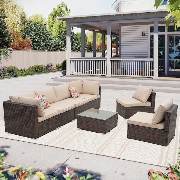 Runesay 7-Piece Brown Wicker Patio Conversation Set with Beige Cushions