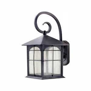 Brimfield 17.5 in. Aged Iron LED Outdoor Wall Lantern with Clear Seedy Glass Shade