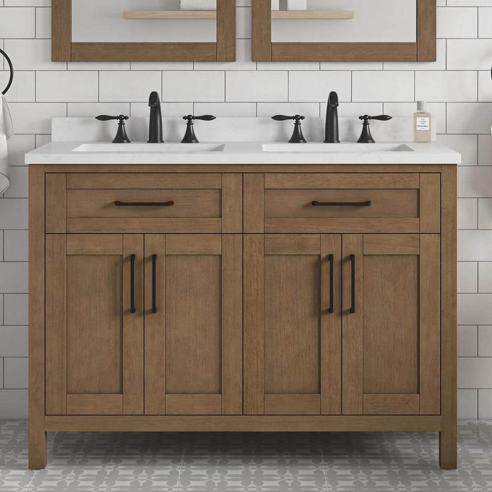 Almond Latte Brushed Double Sink Bathroom Vanity with Matte Black Hardware