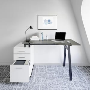 White Modern Home Office Computer Desk with Smoke Tempered Glass Top and Storage