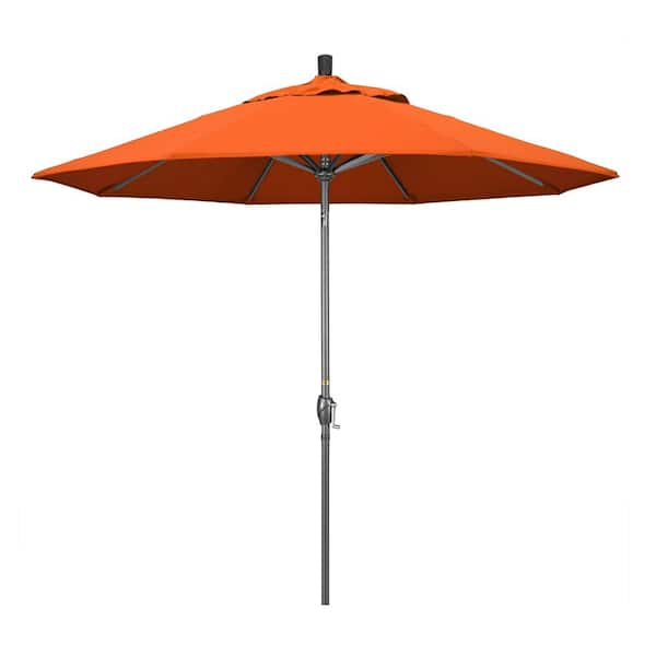 California Umbrella 9 ft. Hammertone Grey Aluminum Market Patio Umbrella with Push Button Tilt Crank Lift in Melon Sunbrella