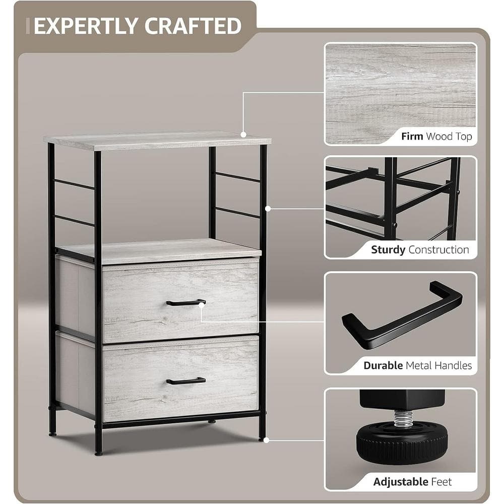 Cream 2-Drawer Nightstand with Steel Frame and Wood Top