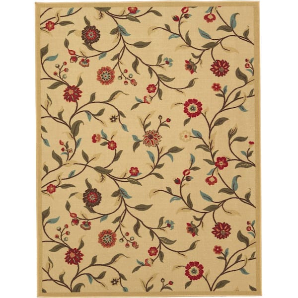 Ottomanson Ottohome Collection Floral Garden Design Beige 8 ft. 2 in. x 9 ft. 10 in. Non-Skid Area Rug