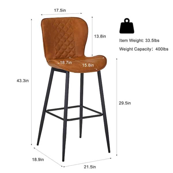 29.5-In. Faux Leather Bar Stools Set of 2, Brown Bar Height Chairs with Backrest and Black Legs for Kitchen Island