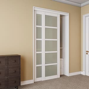 48 in. x 80 in. 5 Lites Frosted Glass MDF Closet Sliding Door with Hardware Kit