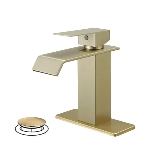 BWE Waterfall Single-Handle Single-Hole Modern Bathroom Faucet Bathroom Drip-Free Lavatory RV Sink Faucet in Brushed Gold