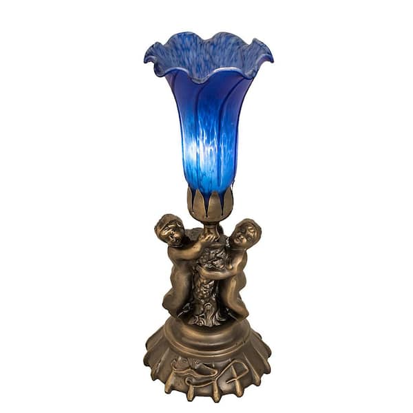 Pond Lily 13 in. Antique Brass Novelty Victorian Cherub Table Lamp with Blue Glass Shade