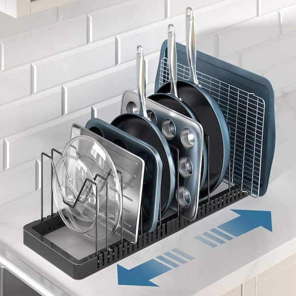 Black Pot and Pan Organizer Drawer Organizer with Expandable 10 Adjustable Compartments for Lid Bakeware Storage