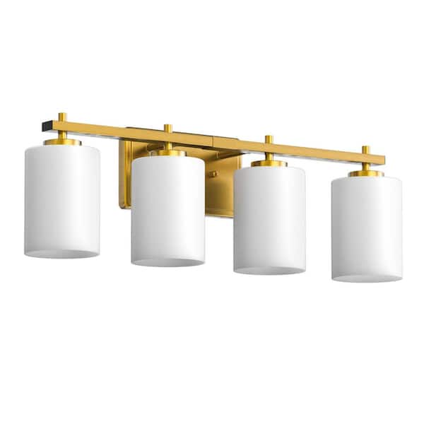 YANSUN 24 in. 4-Light Bathroom Vanity Light with Frosted Glass and Gold Iron Frame