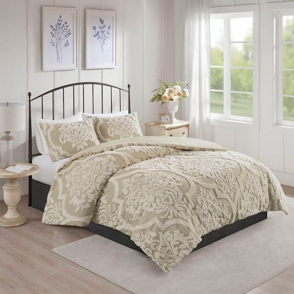 Madison Park Aeriela 3-Piece Taupe Full/Queen Tufted Cotton Chenille Damask Duvet Cover Set