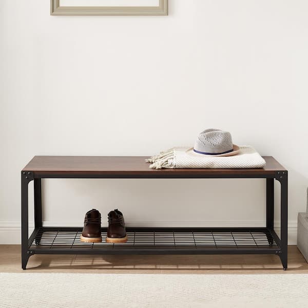 Welwick Designs 48 in. Dark Walnut Industrial Angle Iron Entry Bench