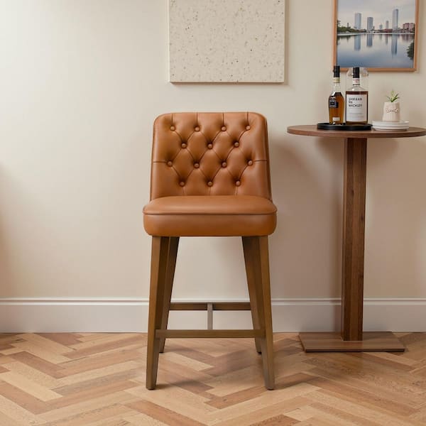 Plano Cognac Vegan Leather Comfortable Counter Stool with Solid Wood Legs