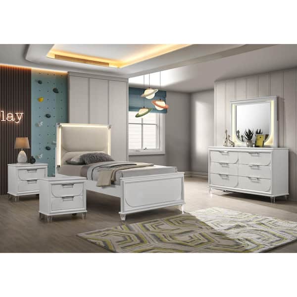 Glosan 5-Piece Pearl White Wood Frame Twin Platform Bedroom Set with LED on Headboard and Mirror, Hidden Jewelry Drawers