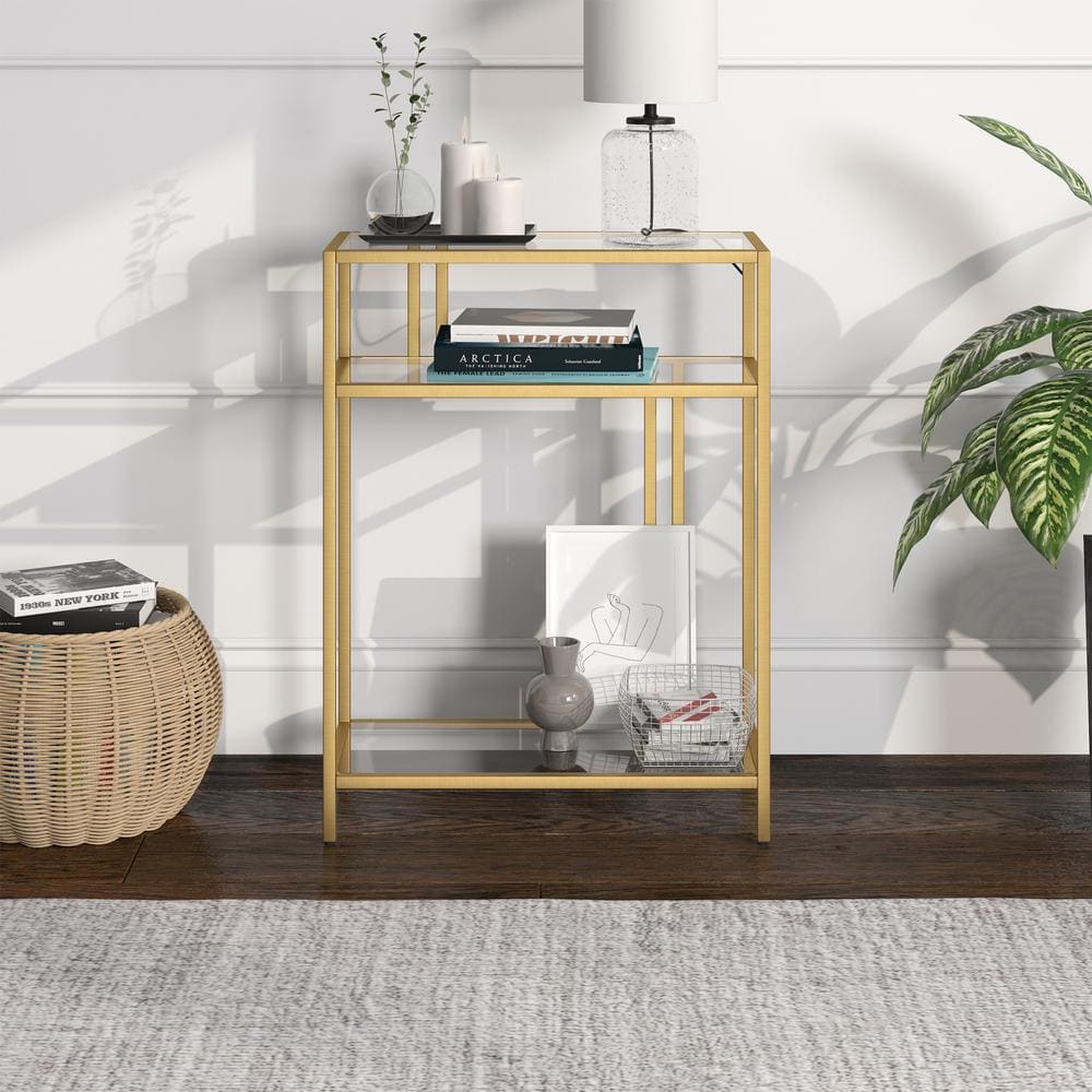 Compact Gold Industrial Console Table with Tempered Glass Shelves