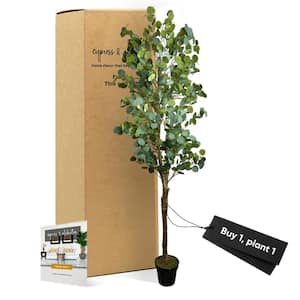 Handmade 6 ft. Artificial Eucalyptus Tree in Home Basics Plastic Pot Made with Real Wood and Moss Accents