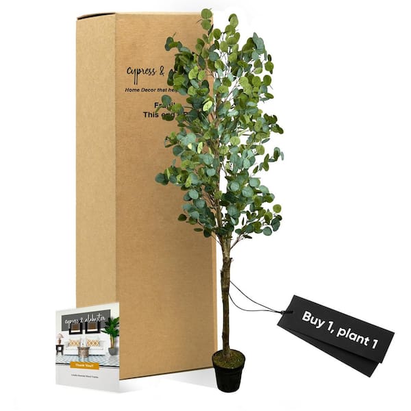 CYPRESS & ALABASTER Handmade 6 ft. Artificial Eucalyptus Tree in Home Basics Plastic Pot Made with Real Wood and Moss Accents