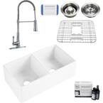 Bradstreet II 33 in. Farmhouse Double Bowl Crisp White Fireclay Kitchen Sink with Zuri Faucet Kit