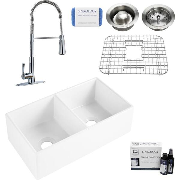 SINKOLOGY Brooks II All-in-One Farmhouse/Apron-Fireclay 33 in. 50/50 Double Bowl Kitchen Sink with Pfister Zuri Faucet and Drains