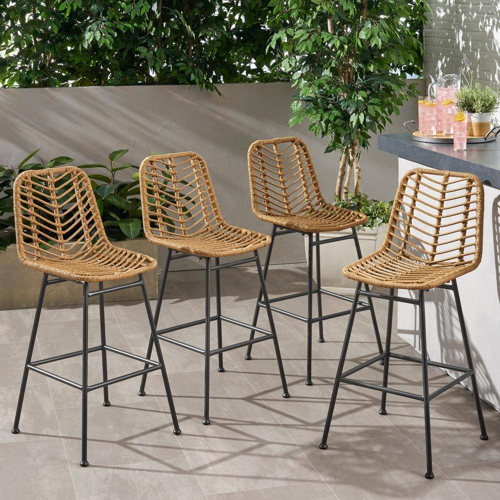 Light Brown and Black Wicker Barstools Set of 4