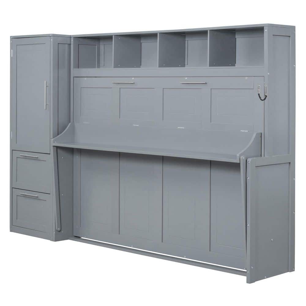 White Multifunctional Wood Frame Full Size Murphy Bed with Closet and Drawers - thumbnail 8
