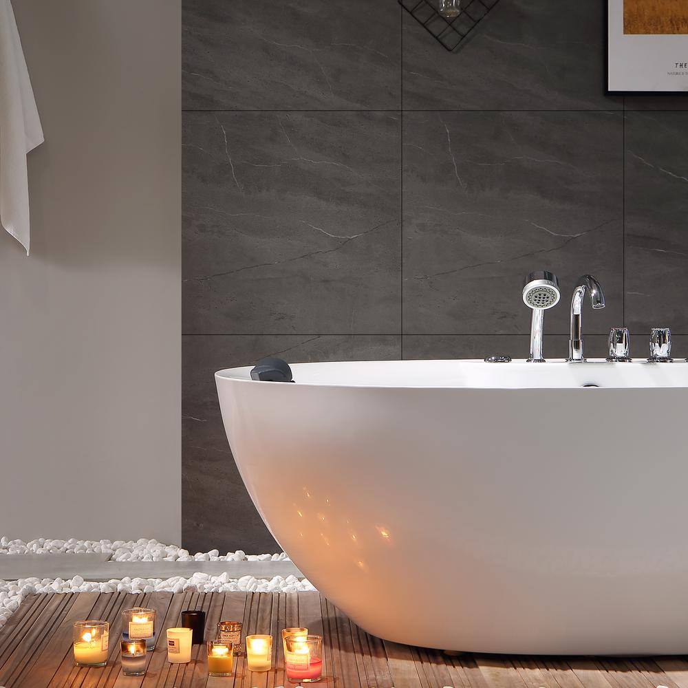 59" White Acrylic Freestanding Whirlpool Bathtub with Faucet
