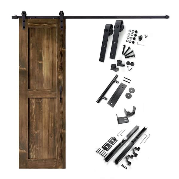 HOMACER 26 in. x 84 in. H-Frame Walnut Solid Pine Wood Interior Sliding Barn Door with Hardware Kit, Non-Bypass