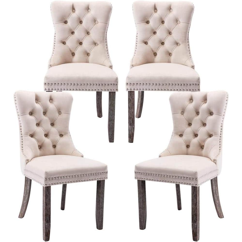Beige Velvet Upholstered High Back Side Chair Set