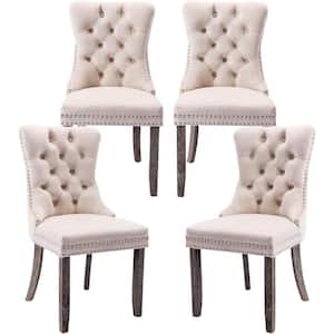 Beige Velvet Upholstered Dining Chairs Side Chairs Set of 4 Accent Diner Stylish Kitchen Chair with Wood Legs and Padded