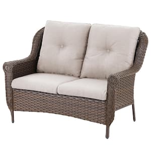 Chrysanthemum Armrest Series 2-Seat Brown Wicker Outdoor Patio Double Seat Sofa Couch with Beige Cushions