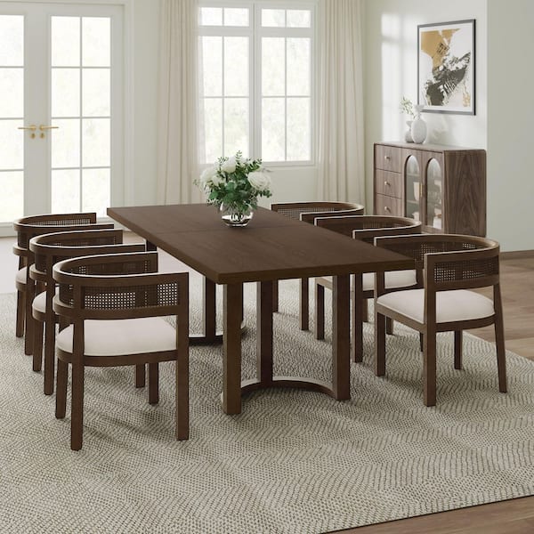 High-End Lines 7-Piece Beige and Walnut Wood Rectangle Dining Set with 6 Stylish Rattan Webbing Upholstered Chairs
