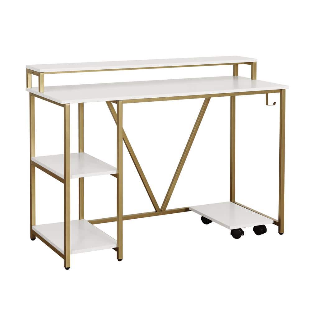 Modern Industrial Gold and Wood Writing Desk with Elevated Shelves
