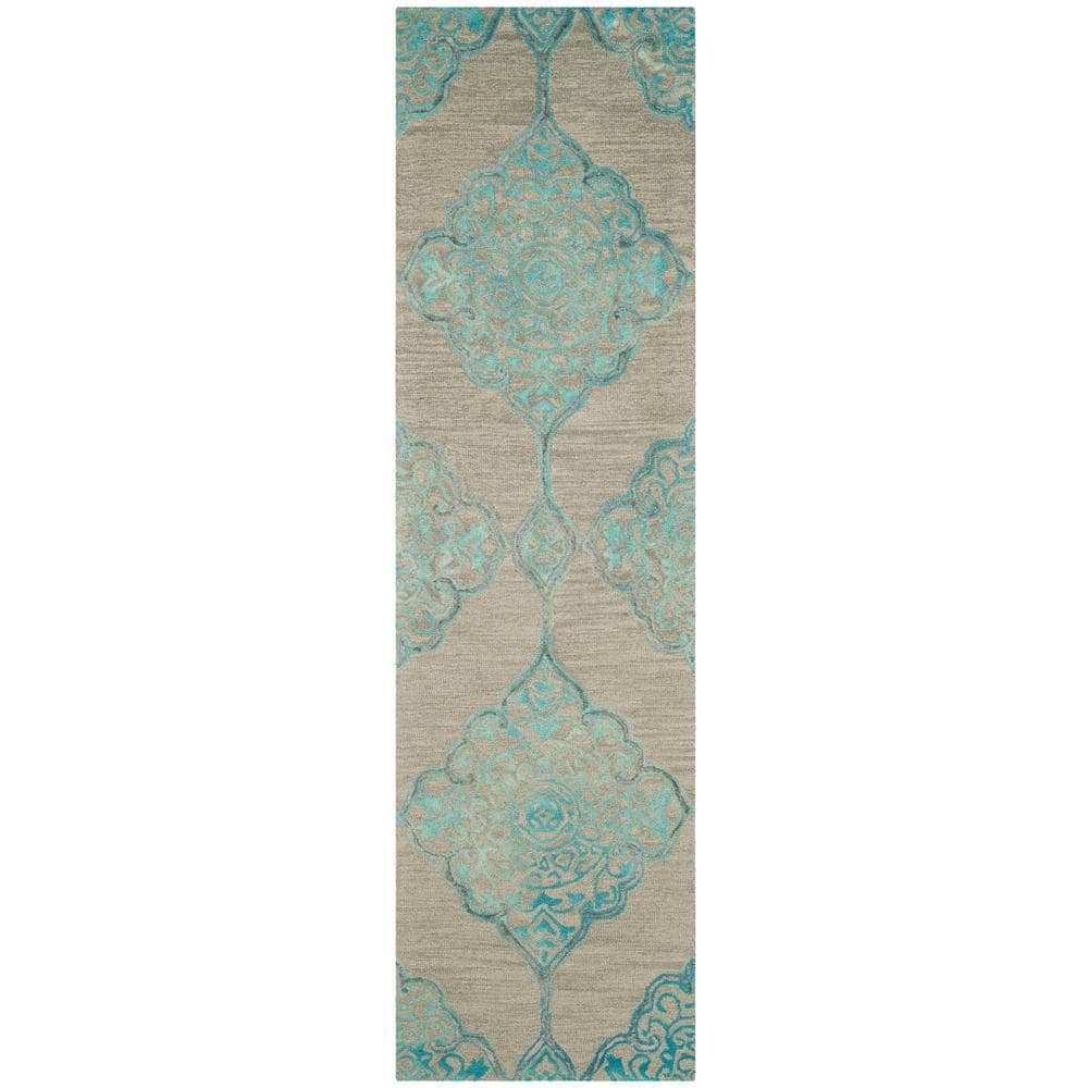 Gray and Turquoise Hand Tufted Wool Silk Runner Rug