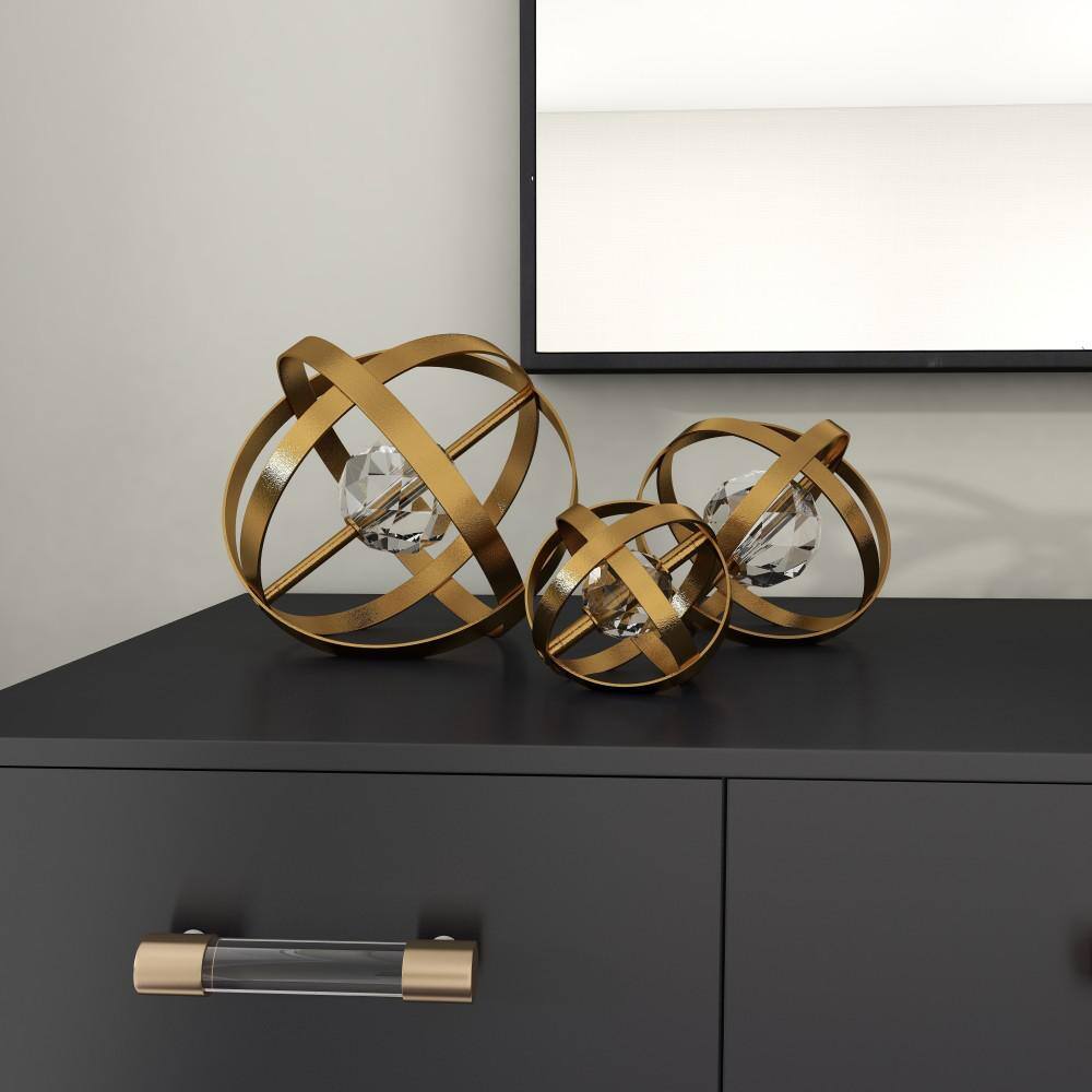 Gold Metal Geometric Sculpture Set with Crystal Center