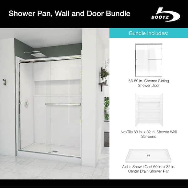 Aloha ShowerCast 60 in. x 32 in. Center Shower Pan, NexTile 60 in. x 32 in. Shower Wall and Chrome Shower Door Kit