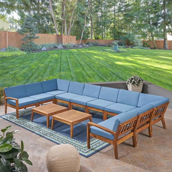 Noble House Grenada Teak Brown 12-Piece Wood Patio Conversation Set with Blue Cushions