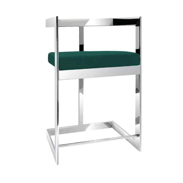 Benjara 31.2 in. Green and Silver Low Back Metal Frame Counter Stool with Velvet Seat