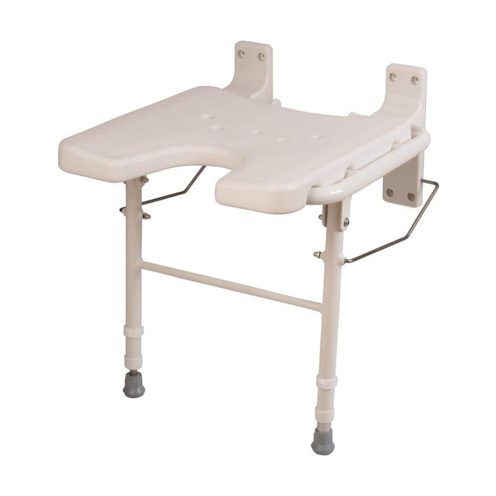 White Fold-Away Wall-Mount Shower Seat with Adjustable Legs